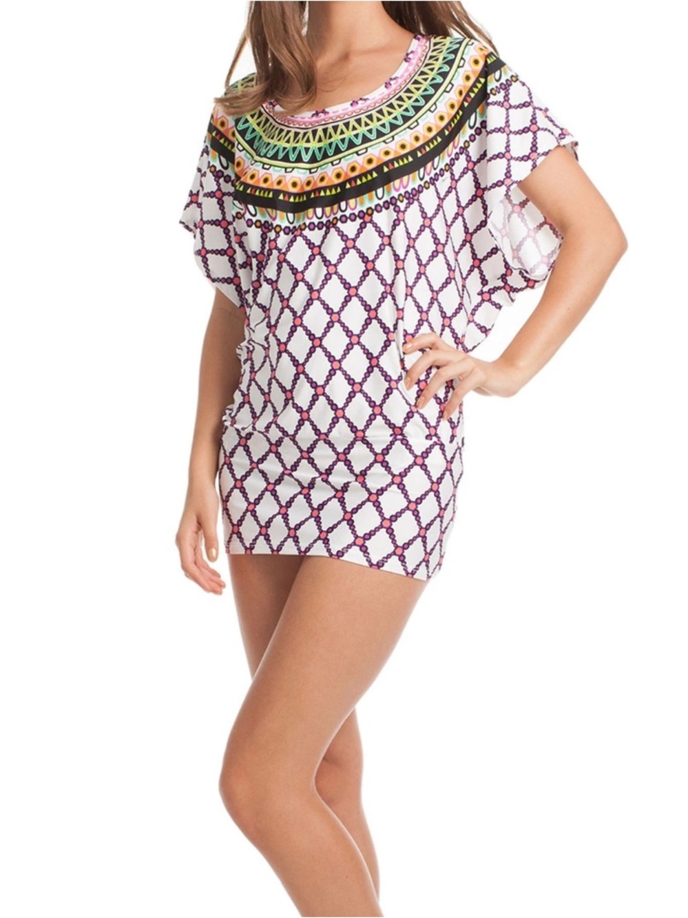 NWT Trina Turk White & Purple Patterned Swim Cover-Up Tunic (014)